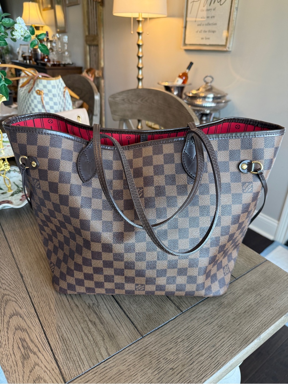 Louis Vuitton Damier Ebene Brown Check Tote Bag with Red Interior